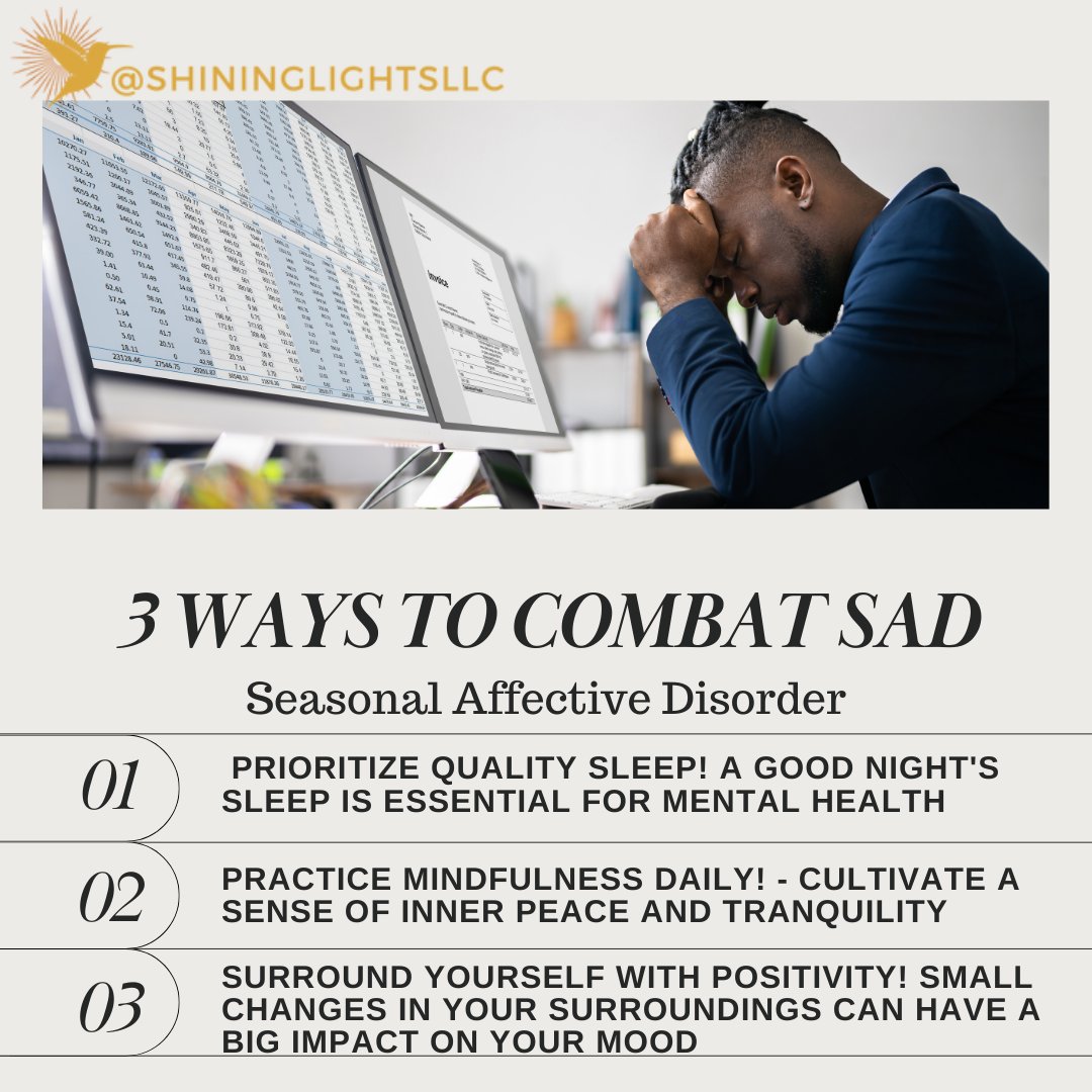 ShiningLightsCo's tweet image. Three effective ways to combat the winter blues and nurture your mental well-being. 
#SADCombat #SADAwareness #MoodChanges #Depression #MentalHealth #WinterBlues #LowEnergy #MentalHealthMatters #WinterWellness #Therapy #Shine #ShiningLightsLLC