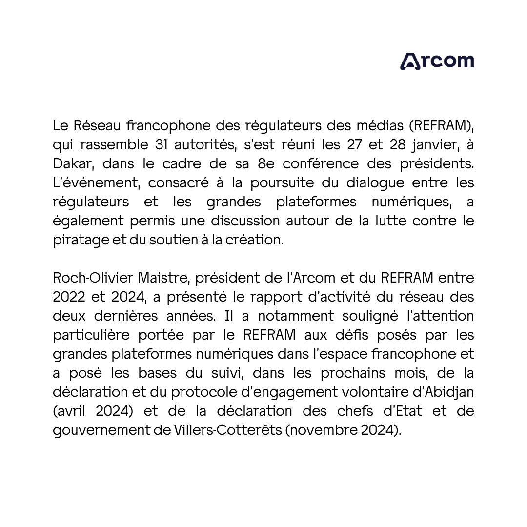 Arcom_fr's tweet photo. 🔈 #CoopérationInternationale | 8e conférence des présidents du #REFRAM (@OfficielRefram) 🔽
Le communiqué de presse : https://t.co/7yx6QipDm3