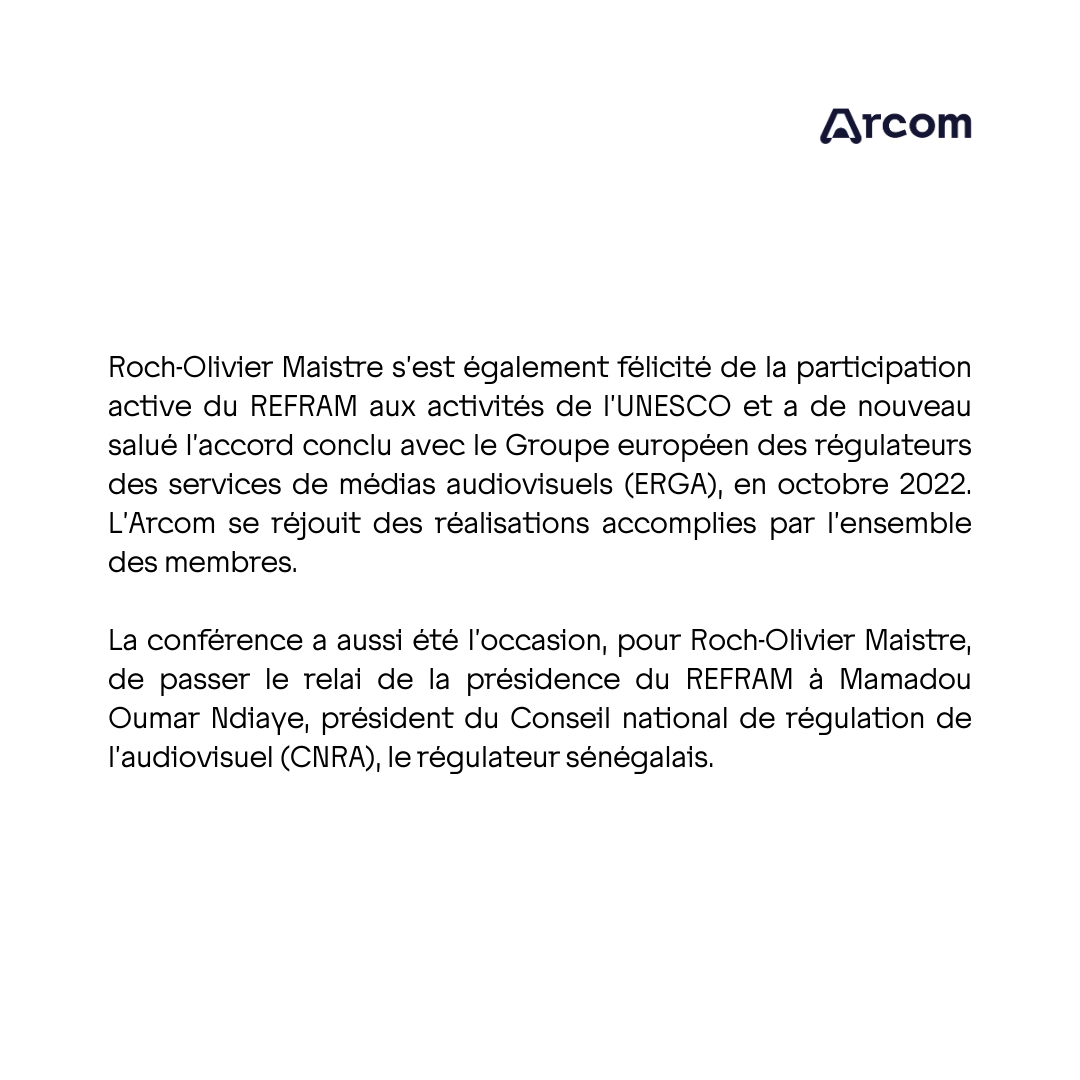 Arcom_fr's tweet photo. 🔈 #CoopérationInternationale | 8e conférence des présidents du #REFRAM (@OfficielRefram) 🔽
Le communiqué de presse : https://t.co/7yx6QipDm3