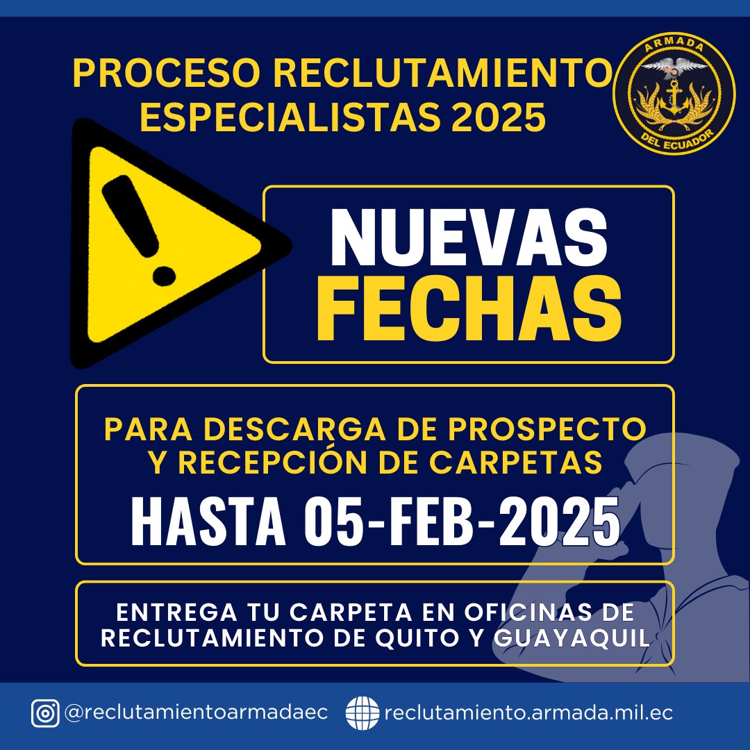 REC_ARE's tweet photo. ⚠️ATENCIÓN POSTULANTES ESPECIALISTAS⚠️ Nueva fecha descarga prospectos y recepción carpetas hasta el 05-FEB-2025. Entrega tu carpeta en oficinas del Centro de Reclutamiento de la Armada, en Quito; y, Guayaquil. Mantente informado por nuestros canales oficiales⚓️ https://t.co/koKR8c3Maw