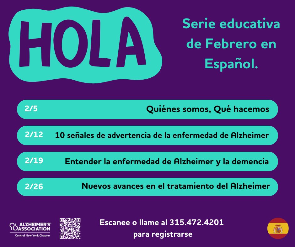 alzcny's tweet image. The Alzheimer's Association of CNY is proud to present a virtual education series in SPANISH throughout the month of February.
When: Feb 5, Feb 12, Feb 19, Feb 26, Time: 6-7 p.m.
Where: 100% virtual, join from anywhere with an internet connection.
bit.ly/4jDvSrp