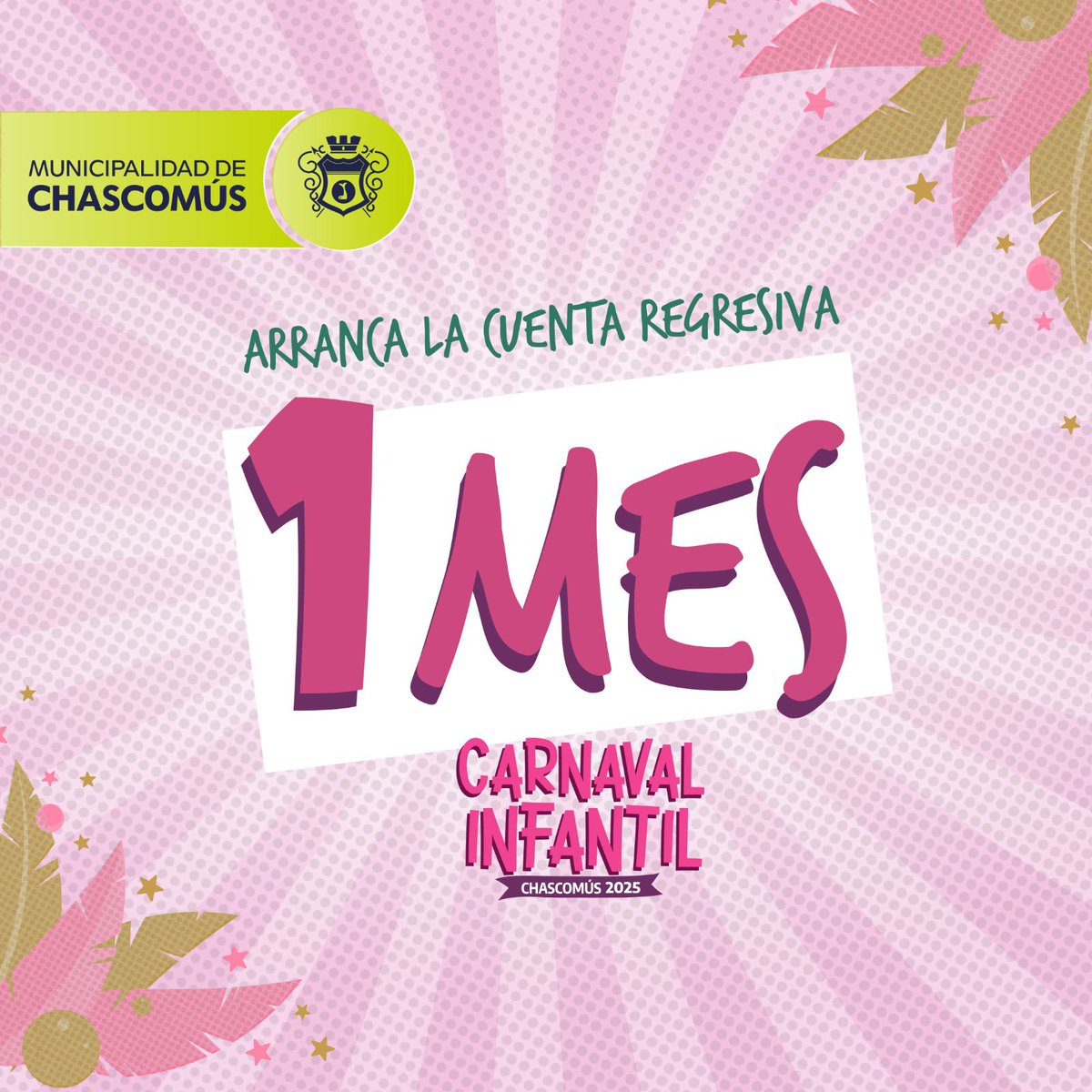 ¿ESTÁN LISTOS? 🎉

🪇 ¡Falta solo 1 mes para que empiece el Carnaval Infantil en Chascomús!

Más de 1500 niños y niñas protagonizan esta gran fiesta local 🫧 ¿Están preparados para el espectáculo? 🪅

Del 28 de febrero al 3 de marzo prepárense para vivir 4 noches mágicas ✨