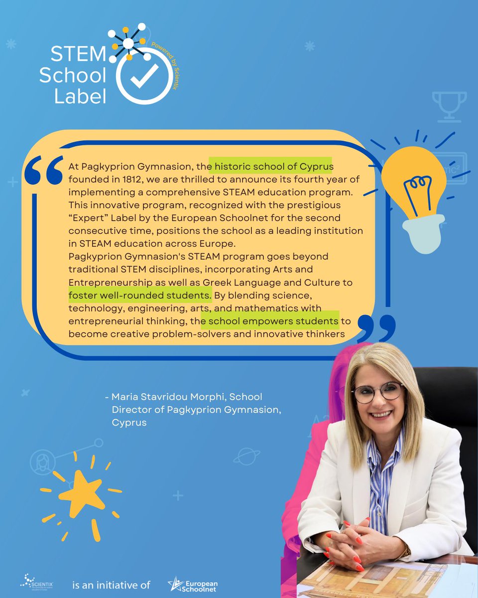 STEM School Label (@stem_label) on Twitter photo 🚀 Who is the new Expert School?
🎉 Congratulations to Pagkyprion Gymnasion, Cyprus' historic school, for earning the Expert Label!
Their innovative STEAM program blends STEM with Arts, Entrepreneurship, & Greek Culture👩🎓ℹ️stemschoollabel.eu/news/detail?ar… 🚀 Who is the new Expert School?
🎉 Congratulations to Pagkyprion Gymnasion, Cyprus' historic school, for earning the Expert Label!
Their innovative STEAM program blends STEM with Arts, Entrepreneurship, & Greek Culture👩🎓ℹ️stemschoollabel.eu/news/detail?ar…