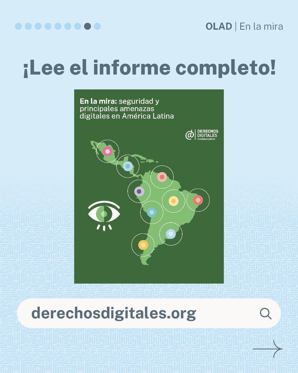 derechosdigital's tweet photo. ¡Día de la Protección de Datos! “En la Mira” analiza cómo la vigilancia, los ataques cibernéticos y la censura están poniendo en riesgo nuestros derechos en América Latina.
🔗 Lee el informe completo: https://t.co/Iy8IxYzkaq https://t.co/jpYMj8fSB9