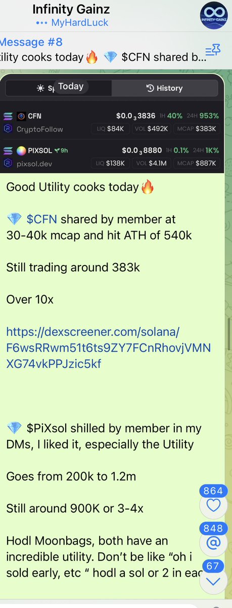 CryptoExpert101's tweet photo. Very Very succesful day in #InfinityGainz today for members.

Members aped $CFN & $Pixsol at absolute bottom. 

10x +
4x 

Moonbags stay always esp with low mcap utillty coins💰

They also aped #L24Ai at 240k which won 3rd place at Lexicon Hackathon. Looks good in utility & chart:

Web: https://t.co/0tj42lRGoe
Dex: https://t.co/BNeMo7sT4X

✅ #InfinityGainz Group link ➡️ https://t.co/eqJyrmGvhm