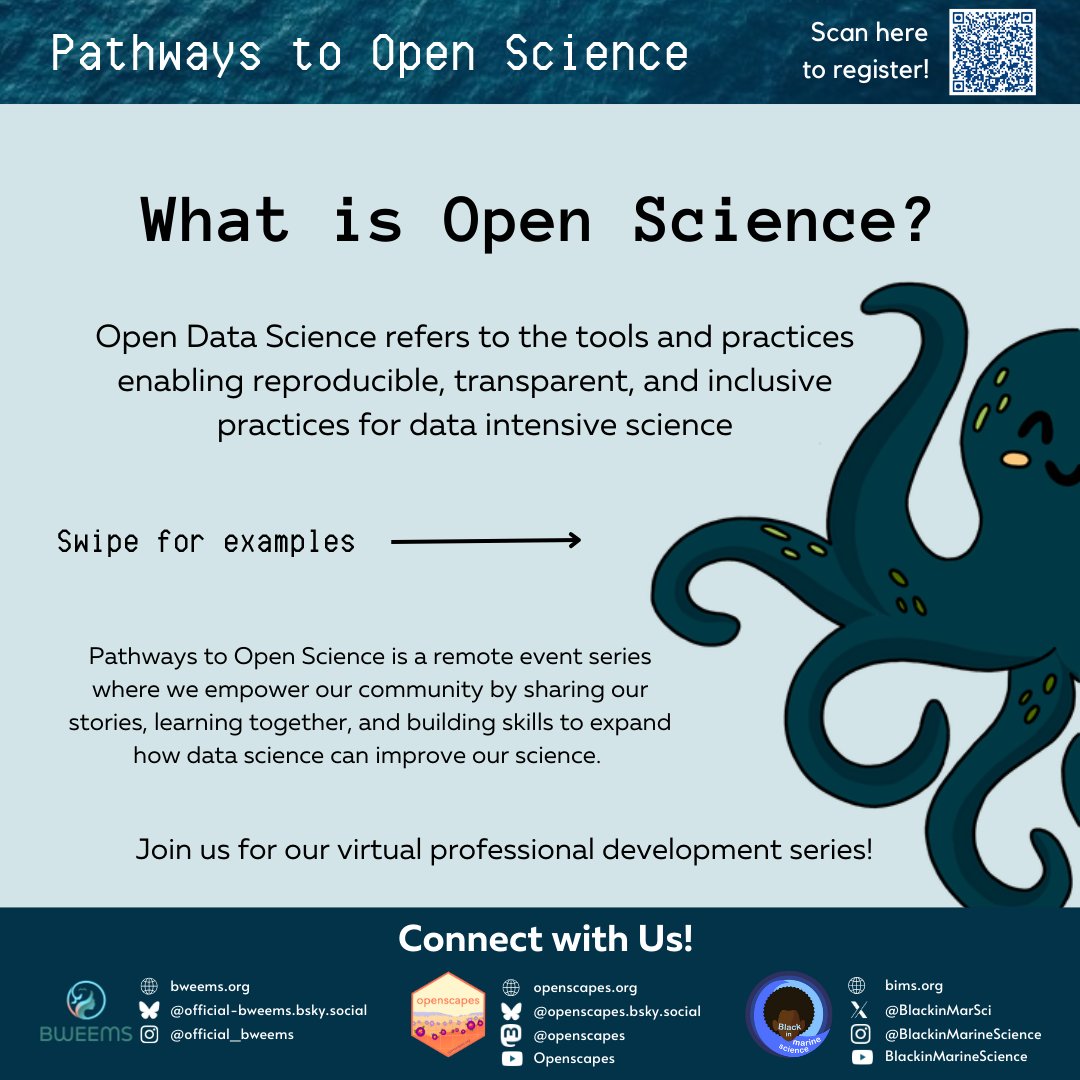 Black in Marine Science (@blackinmarsci) on Twitter photo (1/5) So what is open science?? Open data science refers to the tools and practices enabling reproducible, transparent, and inclusive practices for data intensive science!
Still not sure what we mean? We’ve got you! Examples below
#BlackinMarineScience (1/5) So what is open science?? Open data science refers to the tools and practices enabling reproducible, transparent, and inclusive practices for data intensive science!
Still not sure what we mean? We’ve got you! Examples below
#BlackinMarineScience