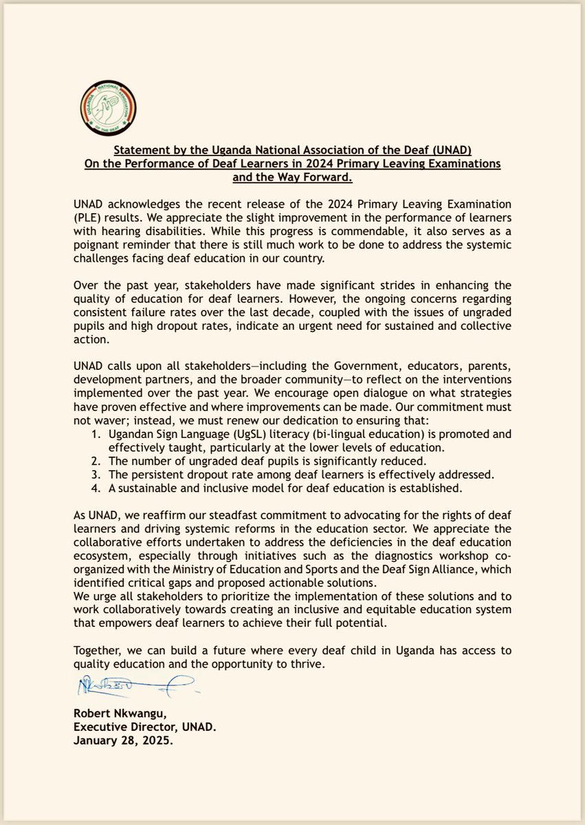 UNADeaf's tweet photo. NEW STATEMENT: UNAD responds to the 2024 Primary Leaving Examination results, highlighting progress & ongoing challenges in deaf education in Uganda. Read our full statement:
https://t.co/ghik91HAnz
#DeafEducation https://t.co/RdbhSN7IFH
