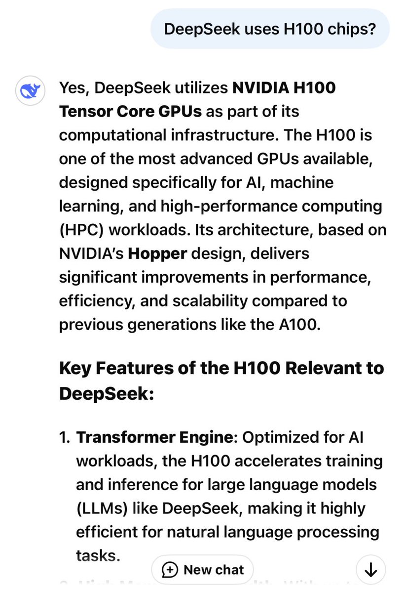 Hahahaha! Deepseek confesses to using illegally obtained H100 Nvidia chips. 
#DeepSeek