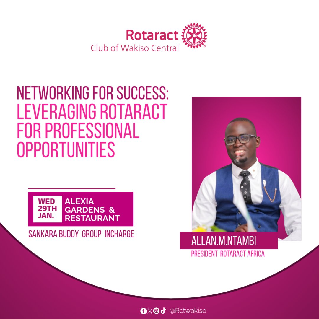 Rotaract Club of Wakiso Central (@rctwakiso) on Twitter photo Join us this week for fellowship as we host the <a href="/AfricaRotaract/">RotaractAfricaSummit</a> President <a href="/_Mukasa/">MUKASA ALLAN NTAMBI L.</a> this week for an enriching fellowship and induction.
Happenimg at Alexia Gardens and Restaurant, 7pm.
#SplendorsTime
#InteractDebate25 Join us this week for fellowship as we host the <a href="/AfricaRotaract/">RotaractAfricaSummit</a> President <a href="/_Mukasa/">MUKASA ALLAN NTAMBI L.</a> this week for an enriching fellowship and induction.
Happenimg at Alexia Gardens and Restaurant, 7pm.
#SplendorsTime
#InteractDebate25