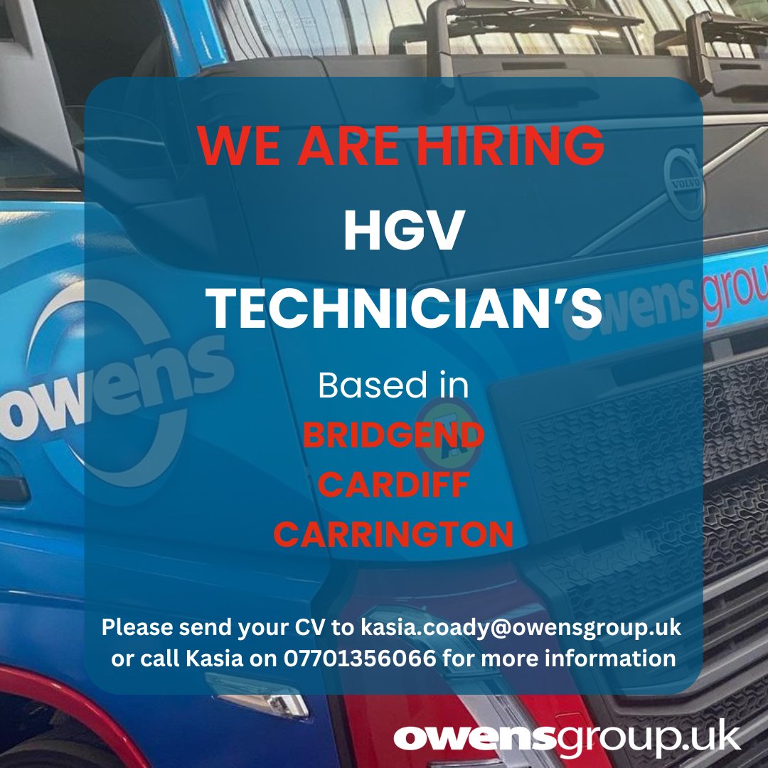 We are looking for skilled HGV Technicians to join our teams at our Bridgend, Cardiff, and Carrington locations.
For more details and to apply, please visit the links below

🔗 app.occupop.com/shared/job/hgv…
🔗 app.occupop.com/shared/job/hgv…
🔗 app.occupop.com/shared/job/hgv…