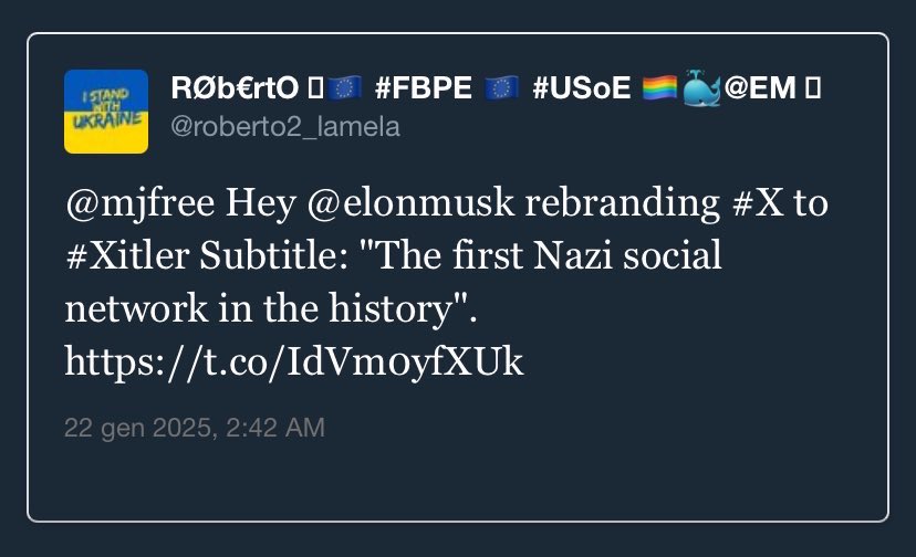 roberto2_lamela's tweet photo. @gianluc75235316 Il #FreeSpeach di #MuskHitler su #Xitler รจ una arma di destabilizzazione delle democrazie europee.
#ElonMusk รจ il capo dell'Internazionale #Nazifascista che minaccia il mondo. https://t.co/wmx8EPEvah