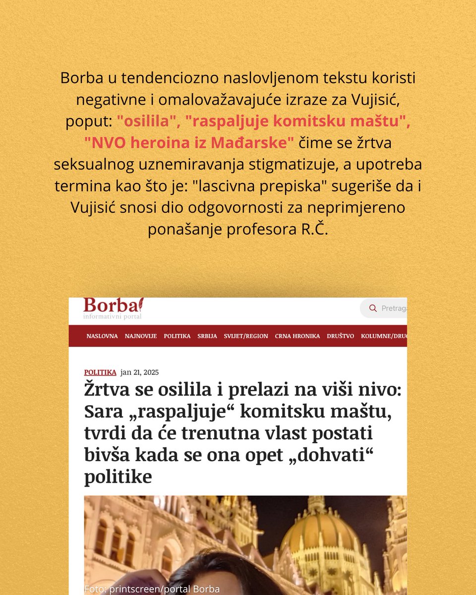 CIN__CG's tweet image. 1/2 ❌Nakon što je progovorila o seksualnom uznemiravanju od strane profesora R.Č., Borba je u svom tekstu omalovažavala Vujisić @realni_pesimista , koristeći uvredljive izraze poput “osilila” i “raspaljuje komitsku maštu”. 

@RDN_Diversity 

#cincg #SeksualnoUznemiravanje