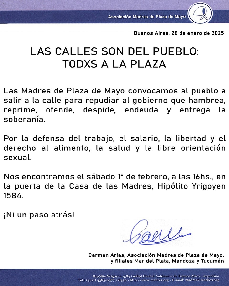 LAS CALLES SON DEL PUEBLO: TODXS A LA PLAZA

Las Madres de Plaza de Mayo convocamos al pueblo a salir a la calle para repudiar al gobierno que hambrea, reprime, ofende, despide, endeuda y entrega la soberanía.
