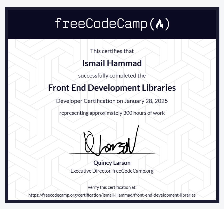 Ismailhamm27362's tweet photo. Excited to share my latest achievement
I’ve earned a Frontend Library Certificate 🖥️🎉. This milestone strengthens my skills in building dynamic, user interfaces.
I am grateful for the learning journey and excited to apply these skills to create impactful web experiences. 🚀✨ https://t.co/cZr2DkQzyx