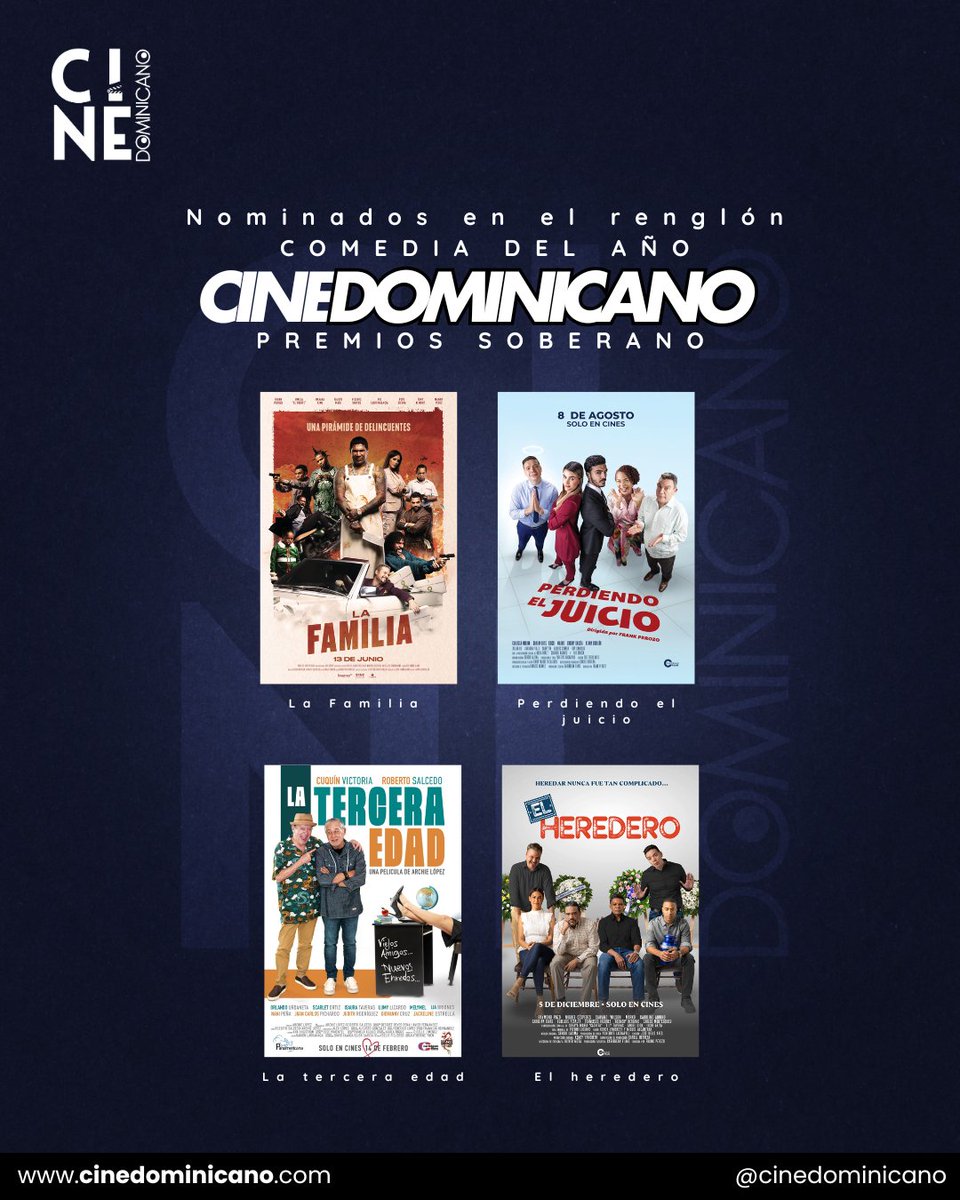 cinedominicano's tweet photo. 🎬 #PremiosSoberano 2025: Reconociendo el talento dominicano.
Nominadas a Comedia del Año:
La Familia
Perdiendo el juicio
La tercera edad
El heredero
📅 Este 25 de marzo por Univisión. 🏆✨
#CineDominicano #ArteRD #TalentoDominicano https://t.co/8GMSa8ut2d