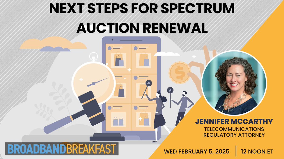 BroadbandCensus's tweet photo. Telecommunications regulatory attorney, Jennifer McCarthy shares her experience leading regulatory and government affairs in the wireless sector. Join us February 5 for a discussion of the future of Spectrum auction renewal.
Register here: https://t.co/eeYlsAqFWT
#BroadbandLive #SpectrumAuctionRenewal #Regulations #JenniferMcCarthy