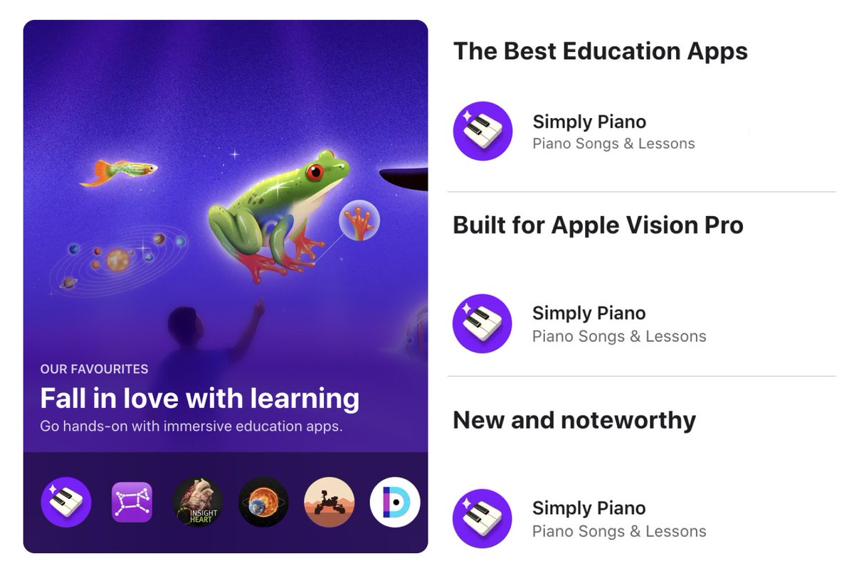 🎹 Simply Piano is featured in the App Store for Apple Vision Pro! We’re super excited and proud to lead the way as tech unlocks new ways to dive into creative hobbies 🚀#AppleVisionPro #SimplyPiano