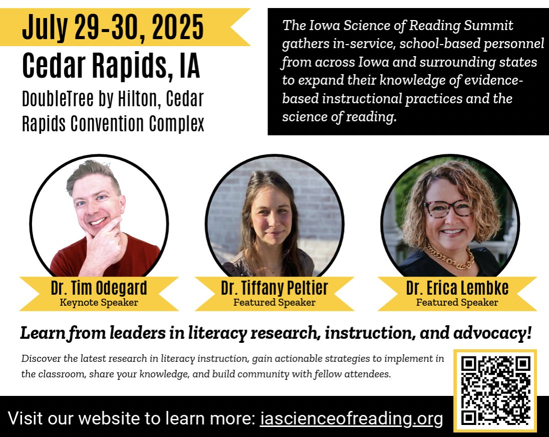 Tiffany Peltier, Ph.D.🌸 (@tiffany_peltier) on Twitter photo 🚨Looking forward to presenting at Iowa's Science of Reading Summit this summer!
Hope to see you there--first for a talk, then a roundtable discussion 🤗
I'm a big fan of <a href="/IAReading/">Iowa Reading Research Center</a> and all they do to make research practical for teachers and school leaders! 🚨Looking forward to presenting at Iowa's Science of Reading Summit this summer!
Hope to see you there--first for a talk, then a roundtable discussion 🤗
I'm a big fan of <a href="/IAReading/">Iowa Reading Research Center</a> and all they do to make research practical for teachers and school leaders!