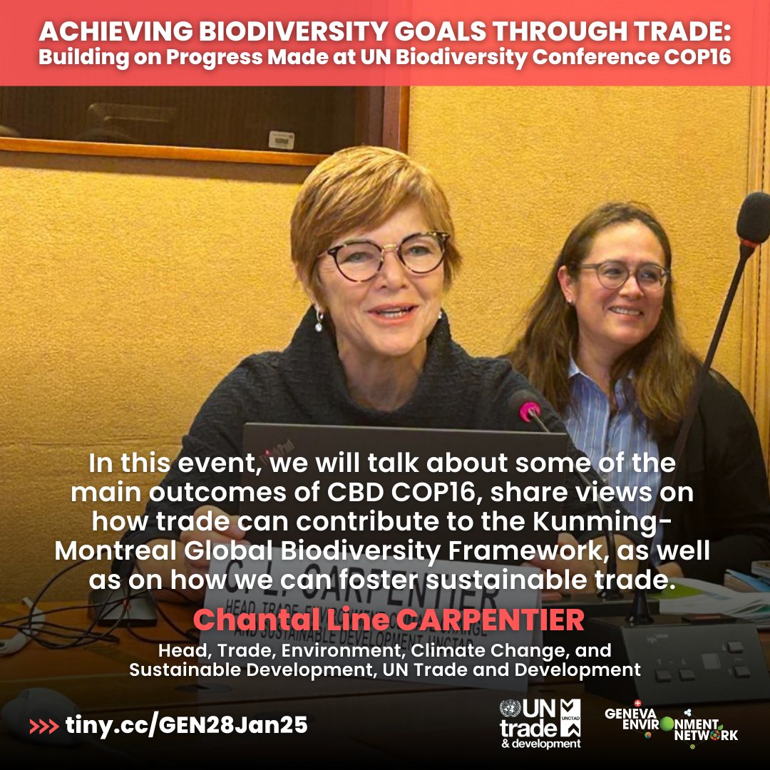 GENeva Environment Network (@genetwork) on Twitter photo <a href="/UNBiodiversity/">UN Biodiversity</a> <a href="/UNCTAD/">UN Trade and Development</a> <a href="/CITES/">CITES</a> <a href="/BrazilWTO/">Mission of Brazil to the WTO 🇧🇷</a> <a href="/wto/">WTO</a> <a href="/ungreeneconomy/">UN Green Economy</a> <a href="/UNCTAD_BioTrade/">UN Trade & Development BioTrade Initiative</a> <a href="/MisionColUNOG/">Colombia en Ginebra 🇨🇴🇨🇭🇺🇳</a> <a href="/luzmadelamora/">Luz María de la Mora</a> @AliAsadNaqvi3 Moderating this session, Chantal Line Carpentier of <a href="/UNCTAD/">UN Trade and Development</a> highlights how crucial this conversation on achieving #biodiversity goals through #trade, as we move towards upcoming negotiations, such as the resumed session of #COP16, #COP30 and #UNCTAD16. <a href="/UNBiodiversity/">UN Biodiversity</a> <a href="/UNCTAD/">UN Trade and Development</a> <a href="/CITES/">CITES</a> <a href="/BrazilWTO/">Mission of Brazil to the WTO 🇧🇷</a> <a href="/wto/">WTO</a> <a href="/ungreeneconomy/">UN Green Economy</a> <a href="/UNCTAD_BioTrade/">UN Trade & Development BioTrade Initiative</a> <a href="/MisionColUNOG/">Colombia en Ginebra 🇨🇴🇨🇭🇺🇳</a> <a href="/luzmadelamora/">Luz María de la Mora</a> @AliAsadNaqvi3 Moderating this session, Chantal Line Carpentier of <a href="/UNCTAD/">UN Trade and Development</a> highlights how crucial this conversation on achieving #biodiversity goals through #trade, as we move towards upcoming negotiations, such as the resumed session of #COP16, #COP30 and #UNCTAD16.