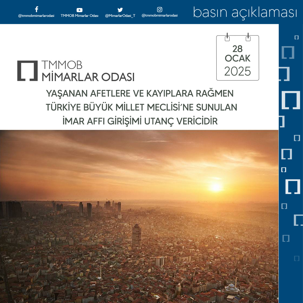 MimarlarOdasi_T's tweet photo. BASIN AÇIKLAMASI: YAŞANAN AFETLERE VE KAYIPLARA RAĞMEN TÜRKİYE BÜYÜK MİLLET MECLİSİ’NE SUNULAN İMAR AFFI GİRİŞİMİ UTANÇ VERİCİDİR
https://t.co/7d7xtAExou https://t.co/ZyCHlyuDcs