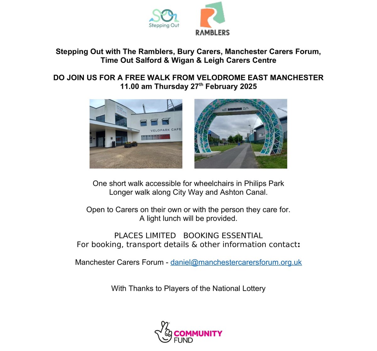 CarersForumMCR (@carersforummcr) on Twitter photo Please join us for our next Carers Walk at the Velodrome in East Manchester on Tuesday 27th February at 11am.
To book your place please email daniel@manchestercarersforum.org.uk Please join us for our next Carers Walk at the Velodrome in East Manchester on Tuesday 27th February at 11am.
To book your place please email daniel@manchestercarersforum.org.uk