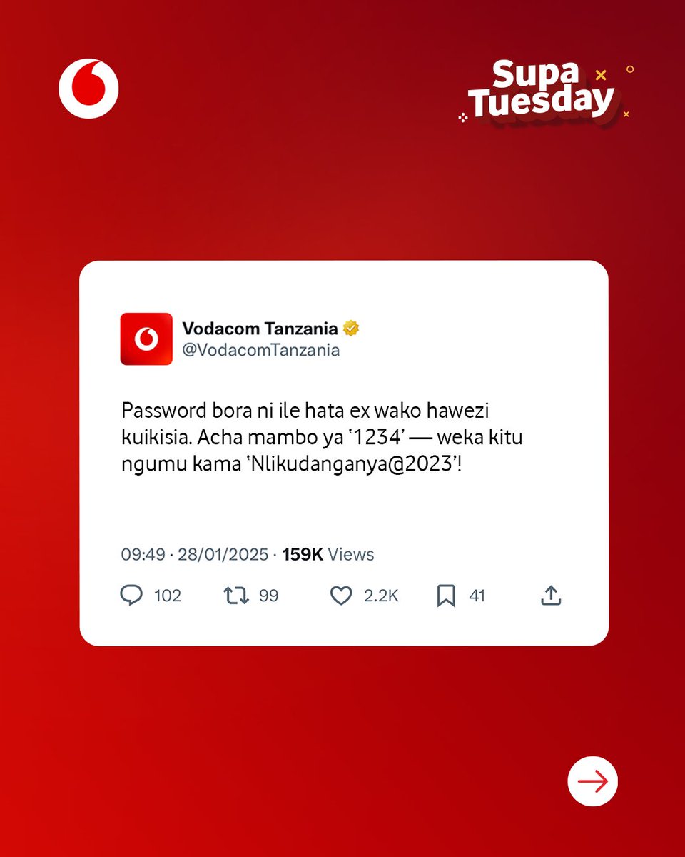 VodacomTanzania's tweet photo. Katika siku ya Kimataifa ya Faragha, acha tukupe michongo ya kulinda taarifa zako za binafsi ukiwa mtandaoni 😌
#SupaTuesday https://t.co/lz9w9umEr7