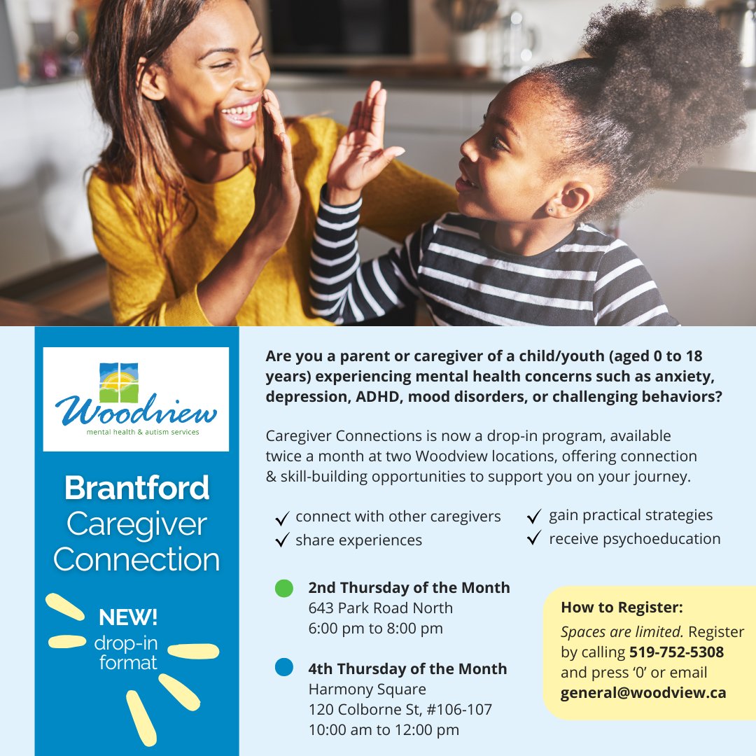 Are you a caregiver of a child/youth facing mental health challenges like anxiety, ADHD, or mood disorders? 💬 Caregiver Connections is a drop-in program for parents!

2nd Thurs: 
643 Park Rd N, 6-8 PM

4th Thurs: 
Harmony Sq, 120 Colborne St
Unit 106-107, 10 AM-12 PM