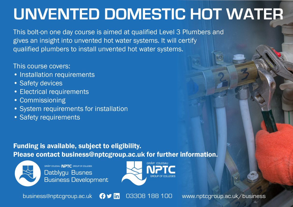 Spaces Available!

We are running a Unvented Hot Water Initial course on 14/03/2025. #Funding is available, subject to eligibility!

Find out more: nptcgroup.ac.uk/.../unvented-d…
Funding: bit.ly/Funding-Opport…

#Plumbing #PartTimeCourses