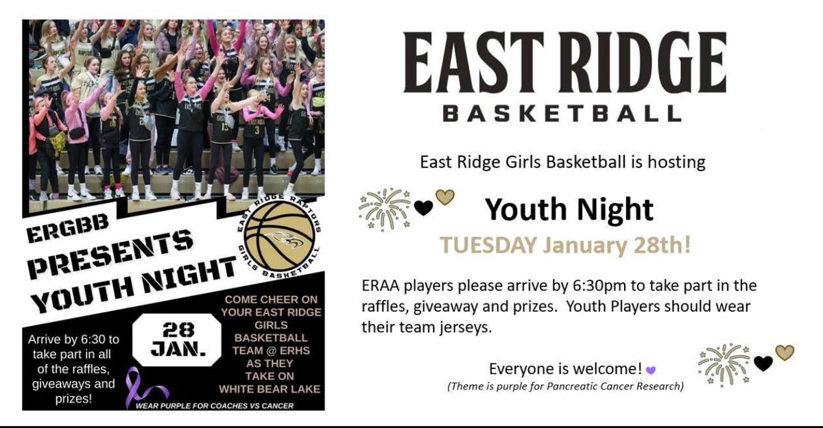 🤩YOUTH NIGHT🤩
We would like to welcome all of ERAA basketball to The Perch for tonight’s game against the White Bear Lake bears. Grab your jersey and wear some purple and help us heat up the gym tonight!!