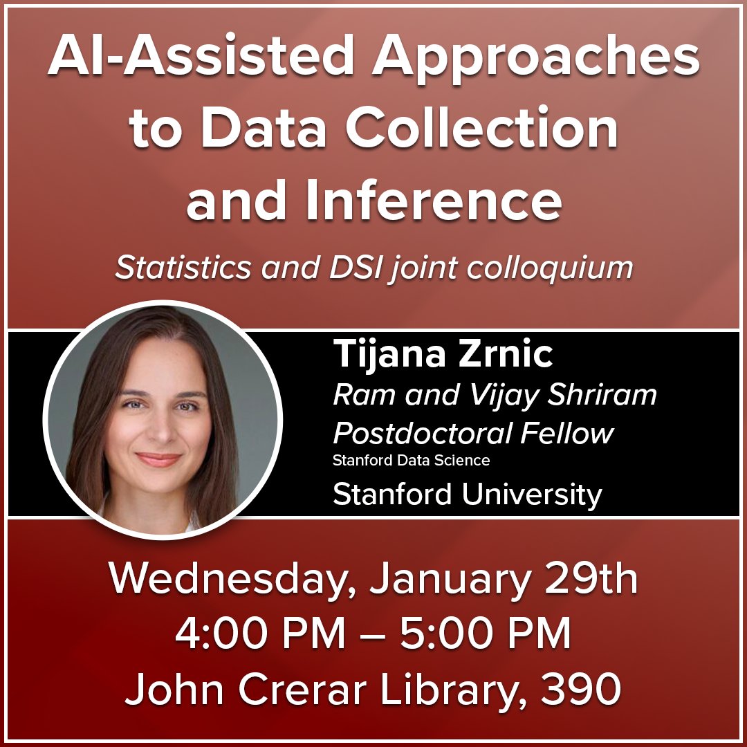 Data Science Institute (@dsi_uchicago) on Twitter photo Tomorrow:
Tijana Zrnic, Ram and Vijay Shriram Postdoctoral Fellow at <a href="/Stanford/">Stanford University</a>, discusses leveraging AI to strategically guide data collection in a Statistics and DSI Joint Colloquium!
datascience.uchicago.edu/events/tijana-… Tomorrow:
Tijana Zrnic, Ram and Vijay Shriram Postdoctoral Fellow at <a href="/Stanford/">Stanford University</a>, discusses leveraging AI to strategically guide data collection in a Statistics and DSI Joint Colloquium!
datascience.uchicago.edu/events/tijana-…