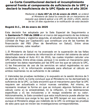 #Atento | Corte Constitucional derogó el ajuste de la UPC para 2025, anunciado por el Ministerio de Salud, fijado en 5,3%. Aseguran que el valor debe ser ajustado tanto para la vigencia 2024 como para 2025, en un plazo no mayor a 10 días