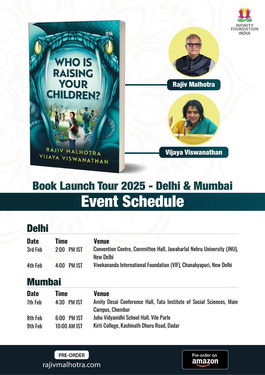 RajivMessage's tweet photo. Launching our new book ‘WHO IS RAISING YOUR CHILDREN?’

Below is the book launch tour schedule for Delhi & Mumbai. Open to public. 

Looking forward to seeing you all at our book launch events. 

This is another game-changing book that will dismantle the woke educational curriculum that has infiltrated India.