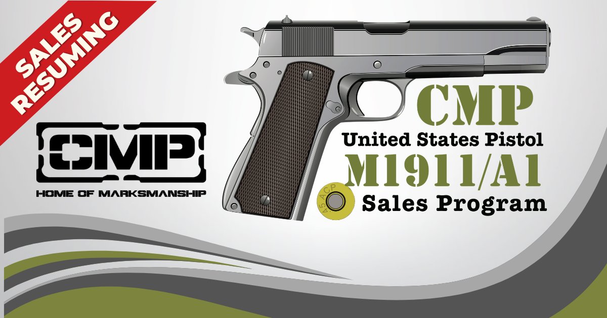 CMP Resumes Surplus M1911/M1911A1 Pistol Sales - The Civilian Marksmanship Program (CMP) is excited to announce the immediate resumption of surplus U.S. Army M1911/M1911A1 pistol sales! These historic firearms, cherished for their role in U.S. military history, are now available