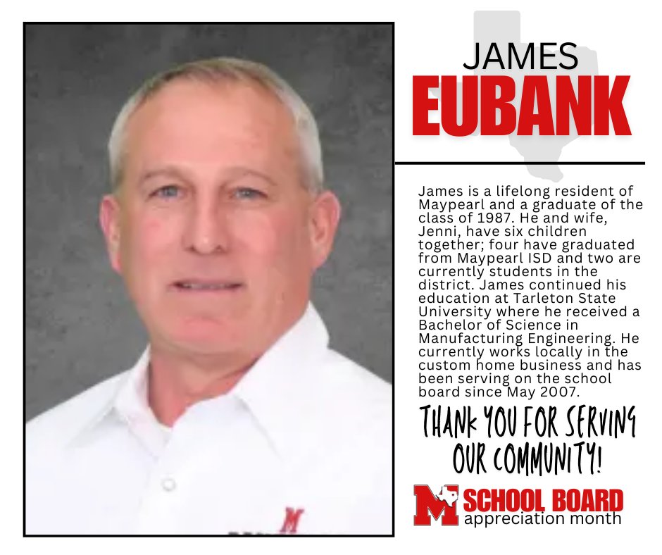 Throughout the month of January, Maypearl ISD will be highlighting our School Board members in honor of School Board Appreciation Month 

Thank you, James Eubank, for your service to Maypearl ISD - our families and the community!
maypearlisd.org/view-all-news/…