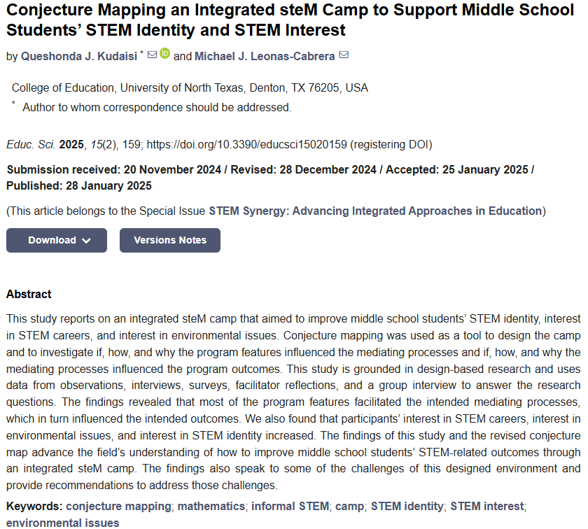 Dr. Queshonda Kudaisi, PhD (@drkudaisi) on Twitter photo Excited to share my new study with <a href="/MichaelLeonas/">Michael Leonas, M.MEd. (he/him/his)</a> on a STEM camp for middle schoolers, showing how it boosts STEM identity, career interest, & environmental awareness! Check it out: mdpi.com/2227-7102/15/2… #STEM #Education #STEM <a href="/UNTsocial/">University of North Texas</a> <a href="/UNT_COE/">UNT College of Education</a> <a href="/UNT_TEA/">UNT's Dept of Teacher Ed & Ed Leadership</a> <a href="/MDPIOpenAccess/">MDPI</a> Excited to share my new study with <a href="/MichaelLeonas/">Michael Leonas, M.MEd. (he/him/his)</a> on a STEM camp for middle schoolers, showing how it boosts STEM identity, career interest, & environmental awareness! Check it out: mdpi.com/2227-7102/15/2… #STEM #Education #STEM <a href="/UNTsocial/">University of North Texas</a> <a href="/UNT_COE/">UNT College of Education</a> <a href="/UNT_TEA/">UNT's Dept of Teacher Ed & Ed Leadership</a> <a href="/MDPIOpenAccess/">MDPI</a>