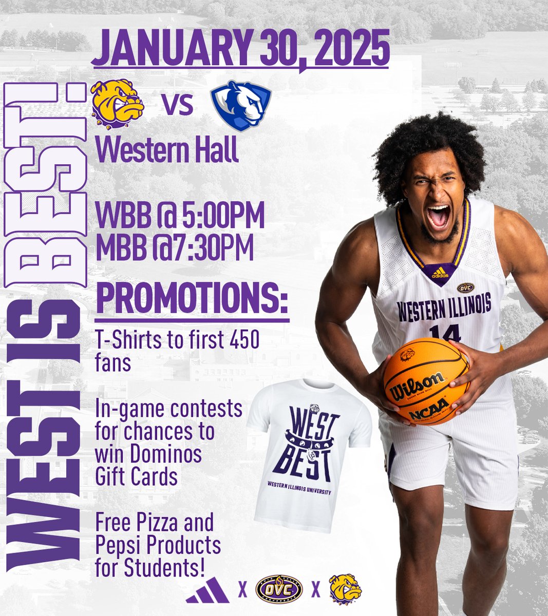 Western Illinois Leathernecks (@wiuathletics) on Twitter photo Happening this week in Western Hall! โฌ
๐๐ก๐ฎ๐ซ๐ฌ๐๐๐ฒ, ๐๐๐ง๐ฎ๐๐ซ๐ฒ ๐๐
FREE West is Best t-shirts to the first 450 students!
<a href="/WIUWBB/">Western Illinois Women's Basketball</a> v. EIU at 5:00 pm
<a href="/WIUMBB/">Western Illinois Men's Basketball</a> v. EIU at 7:30 pm
๐งต1/2 Happening this week in Western Hall! โฌ
๐๐ก๐ฎ๐ซ๐ฌ๐๐๐ฒ, ๐๐๐ง๐ฎ๐๐ซ๐ฒ ๐๐
FREE West is Best t-shirts to the first 450 students!
<a href="/WIUWBB/">Western Illinois Women's Basketball</a> v. EIU at 5:00 pm
<a href="/WIUMBB/">Western Illinois Men's Basketball</a> v. EIU at 7:30 pm
๐งต1/2