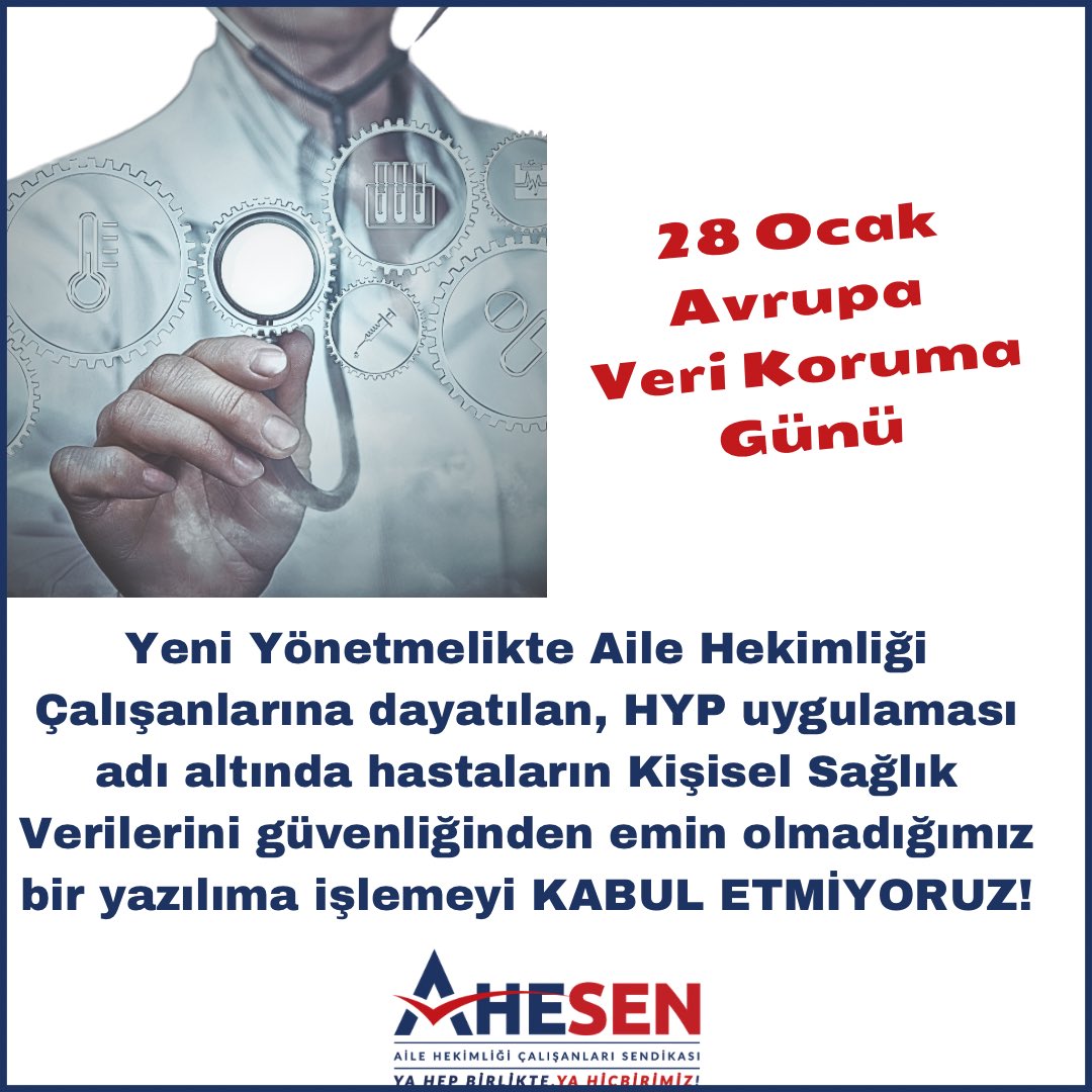 ahesenorgtr's tweet photo. 2016’dan bu yana Türkiye’nin de tarafı olduğu Avrupa Konseyi’nin 108 Sayılı “Kişisel Verilerin Otomatik İşleme Tabi Tutulması Karşısında Şahısların Korunmasına Dair Sözleşme“ Uluslararası Sözleşmeler kapsamındadır. 

Yeni Yönetmelik; Aile Hekimi ve Aile Sağlığı Ebe ve Hemşirelerine, hastaların Kişisel Sağlık Verilerini kendi yazılım sistemleri haricinde oluşturulmuş başka bir yazılım sistemine işleme zorunluluğu getirmiştir. Ancak bu zorunluluğun kişilerin sağlığına hiçbir katkı sağlamadığı gibi amacı da Bakanlık tarafından açıklanmamaktadır. Hastalarımızın Kişisel Veri Güvenliğinden emin olmadığımız bir yazılıma veri işlemeyi KABUL ETMİYORUZ!

Halkın Nitelikli Sağlık Hakkı için;
Meslek Onurlarımız için;
Güvenli bir Gelecek için;
Hep birlikte MÜCADELEYE DEVAM!

@dataprotectionprivacylaw 
@dataprivacyday 
@privacyturkey 
#verikorumagünü 
#europedataprotectionlaw 
#verigizliliğigünü 
#dataprivacyday 
#eziyetyönetmeliğinehayır 
#ailehekimliği 
#yahepbirlikteyahiçbirimiz 
#asmlerkapalı