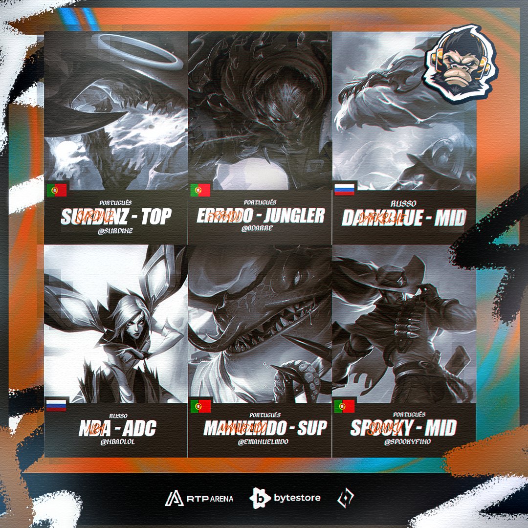 BWE Esports (@esportsbwe) on Twitter photo Bem vindos a selva 🌴
Apresentamos a Line-Up da BWE para a <a href="/lplol_pt/">LPLOL</a>: ⤵️
🇵🇹 <a href="/Surdinz/">Hugo</a> - Top
🇵🇹 <a href="/0darre/">Errado</a> - Jungler
🇷🇺 #DarkBlue - Mid
🇷🇺 <a href="/NBADLoL/">NeverBrokeAgain</a> - Adc
🇵🇹 <a href="/emanuelmdo/">Emanuel Oliveira</a> - Suporte
🇵🇹 <a href="/spookyfino/">s p o o k y</a> - Mid
#BWEWIN 🧡 | #LPLOL | #GORILLASQUAD 🦍 Bem vindos a selva 🌴
Apresentamos a Line-Up da BWE para a <a href="/lplol_pt/">LPLOL</a>: ⤵️
🇵🇹 <a href="/Surdinz/">Hugo</a> - Top
🇵🇹 <a href="/0darre/">Errado</a> - Jungler
🇷🇺 #DarkBlue - Mid
🇷🇺 <a href="/NBADLoL/">NeverBrokeAgain</a> - Adc
🇵🇹 <a href="/emanuelmdo/">Emanuel Oliveira</a> - Suporte
🇵🇹 <a href="/spookyfino/">s p o o k y</a> - Mid
#BWEWIN 🧡 | #LPLOL | #GORILLASQUAD 🦍