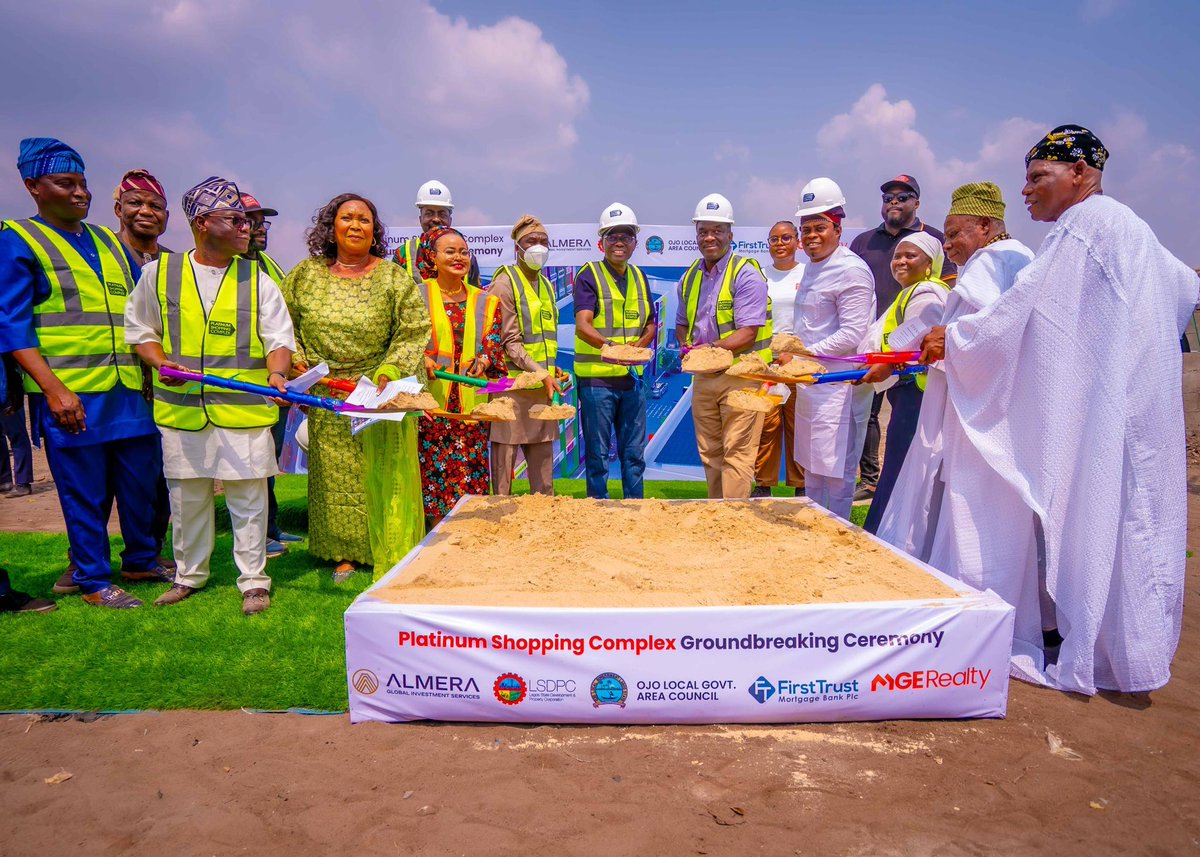 Mr_JAGs's tweet photo. UPDATE: Governor of Lagos State, Mr @jidesanwoolu today performed the Groundbreaking Ceremony of Platinum Shopping Complex, Ojo.

- 6 Hectares of Land

- Over 1,200 Shops 

- K Clamp Shops 

- 43 Blocks 

- 400 Parking Spaces 

- Fire Station

- Food Court 

- Medical Care Unit 

Etc 

This Project is a partnership between Lagos State Government through Lagos State Development and Property Corporation (LSDPC), IBA Local Council Development Area, Almera Global Resources, MGE Realty and First Trust Mortgage Bank PLC.

Location: Iyana Iba 

#OjoRegeneration 
#GreaterLagosRising