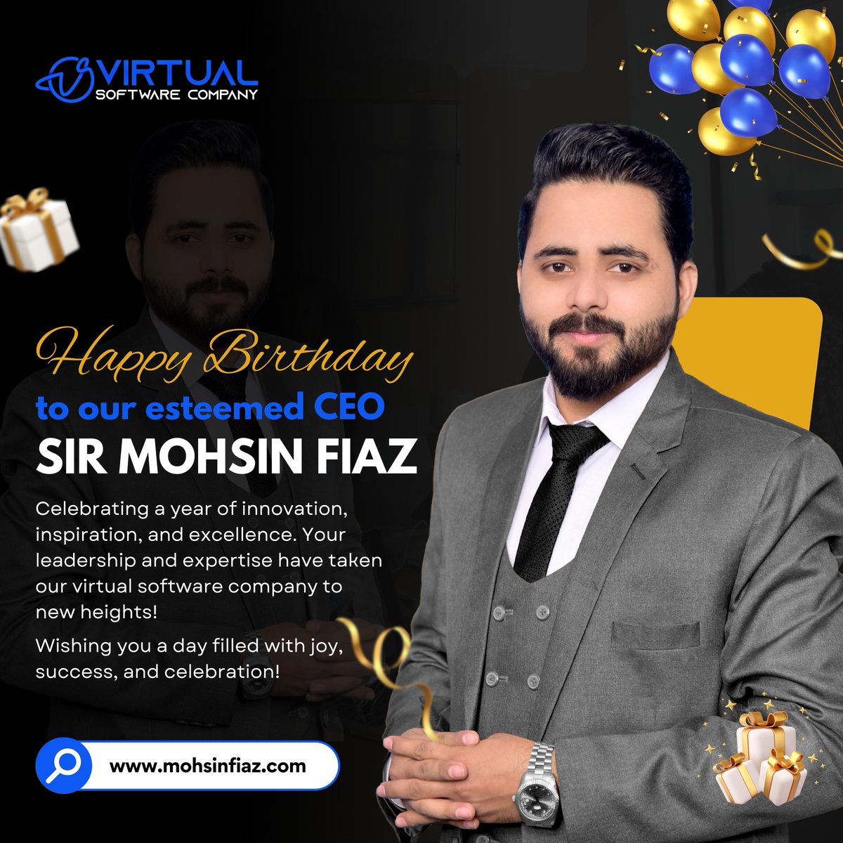 VirtualSoftComp's tweet image. Happy Birthday to Mohsin Fiaz, our visionary founder and CEO. 🎉

Your brilliance inspires us all to reach new heights in the digital realm. Cheers to a year of continued success and innovation! 🚀🎂