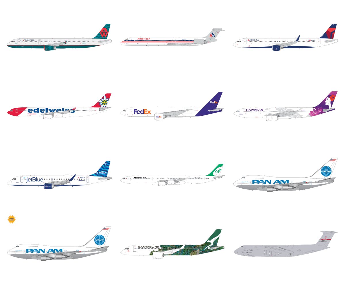 TAKEOFF! Gemini200 1:200-scale for Feb. 2025: American Airlines A321 "America West," American Airlines MD-90, Delta A321, Edelweiss A340-300, FedEx 777F, Hawaiian A330-200, JetBlue E190-100IGW, Mahan Air A340-600, Pan Am 747SP, QantasLink A220-300, U.S. Air Force C-5 Westover AFB