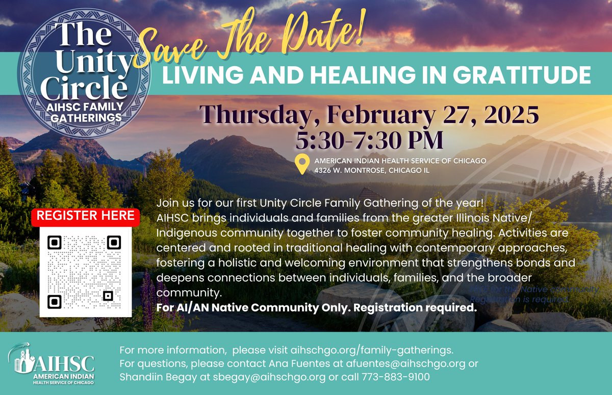 AIHSChicago's tweet photo. Save the Date! Our next Unity Circle Family Gathering is coming up Thursday, February 27 from 5:30-7:30. Stay tuned for more details on the family-focused activities for this gathering! Food &amp; treats will be provided! 

FREE FOR THE AI/AN COMMUNITY. REGISTRATION IS REQUIRED. L... https://t.co/hSCt9fBm2Y