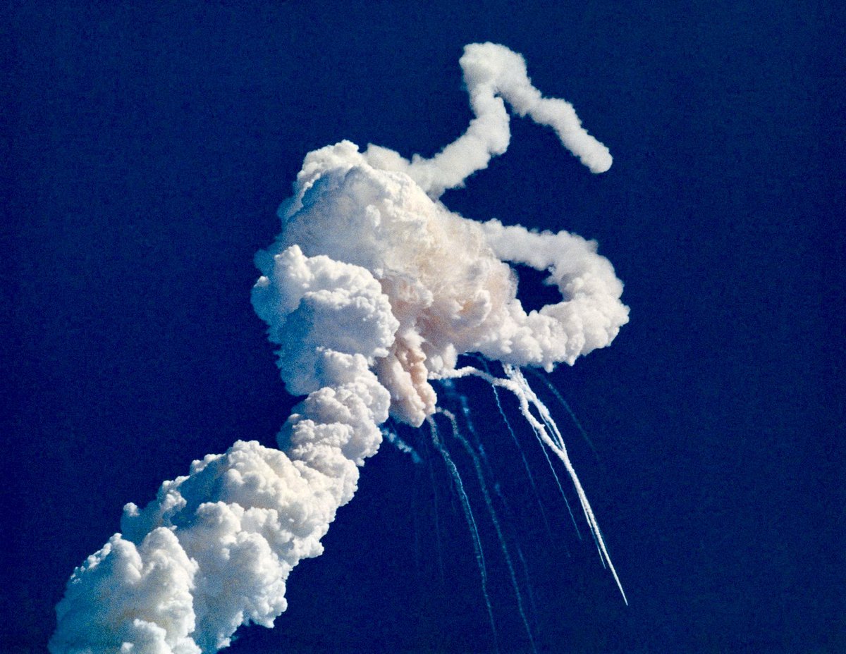 TheBygoneTimes_'s tweet photo. On this day, January 28, 1986, the Space Shuttle Challenger exploded just 73 seconds into its flight, killing all seven crew members aboard. The spacecraft disintegrated 46,000 feet above the Atlantic Ocean, off the coast of Cape Canaveral, Florida, at 11:39 AM. It was the first fatal accident involving an American spacecraft while in flight.

Names of the crew members: 
•Dick Scobee, Commander. 
•Michael J. Smith, Pilot. 
•Ronald McNair, Mission Specialist. 
•Ellison Onizuka, Mission Specialist. 
•Judith Resnik, Mission Specialist. 
•Gregory Jarvis, Payload Specialist. 
•Christa McAuliffe, Payload Specialist, Teacher.