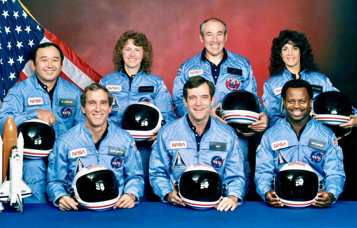 TheBygoneTimes_'s tweet photo. On this day, January 28, 1986, the Space Shuttle Challenger exploded just 73 seconds into its flight, killing all seven crew members aboard. The spacecraft disintegrated 46,000 feet above the Atlantic Ocean, off the coast of Cape Canaveral, Florida, at 11:39 AM. It was the first fatal accident involving an American spacecraft while in flight.

Names of the crew members: 
•Dick Scobee, Commander. 
•Michael J. Smith, Pilot. 
•Ronald McNair, Mission Specialist. 
•Ellison Onizuka, Mission Specialist. 
•Judith Resnik, Mission Specialist. 
•Gregory Jarvis, Payload Specialist. 
•Christa McAuliffe, Payload Specialist, Teacher.