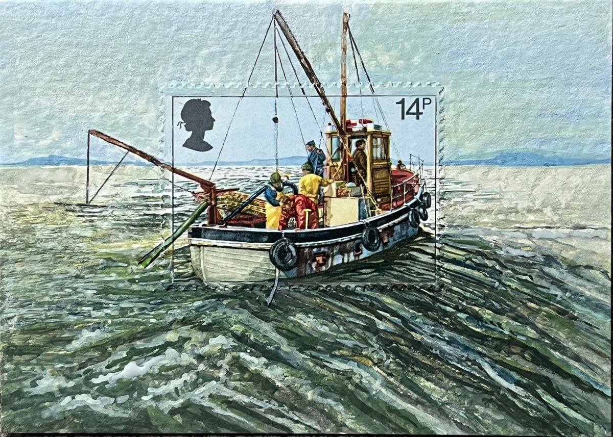 Artwork of a British fishing boat at sea, incorporating a vintage postage stamp, is a perfect gift for maritime enthusiast