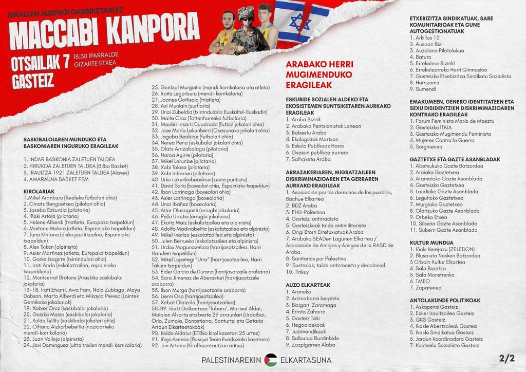 Maccabi eta Baskoniaren arteko partida bertan behera uztearen aldeko manifestua aurkeztu dugu gaur Auzolana pilotalekuan.

40 saskibaloi klub eta talde, zaletuen taldeak, kirol munduko 91 pertsona ezagun eta Arabako 65 eragile sozial eta politikoren babesa jaso dugu.