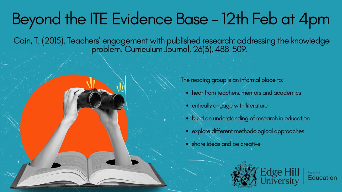 Join the Beyond the ITE Evidence Base reading group on 12th Feb at 4pm when we'll discuss the following paper on teachers' engagement with published research.
Paper: dx.doi.org/10.1080/095851…
PostPrint : research.edgehill.ac.uk/en/publication…
Open to all!  Register:bit.ly/4hyFqCd