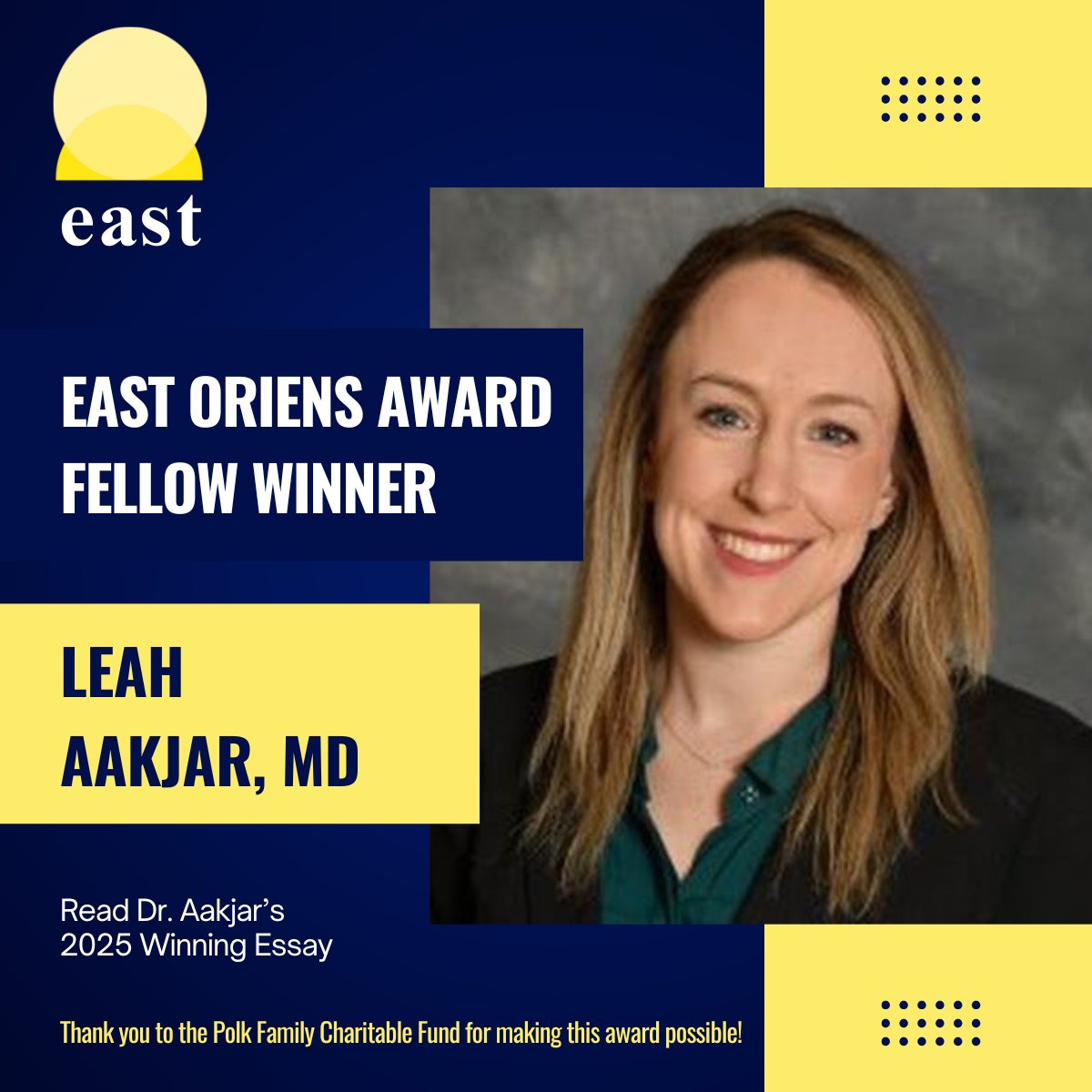 EAST_TRAUMA's tweet image. Congrats to Dr. Leah Aakjar, the 2025 Fellow recipient of the EAST Oriens Award! Check out Dr. Aakjar&apos;s (@AakjarLeah16569) winning essay on &quot;Why I Want a Career in Trauma &amp;amp; Acute Care Surgery.&quot; bit.ly/4h9ZvPc

#TraumaSurgery #InjuryControl #ViolencePrevention #EAST2025