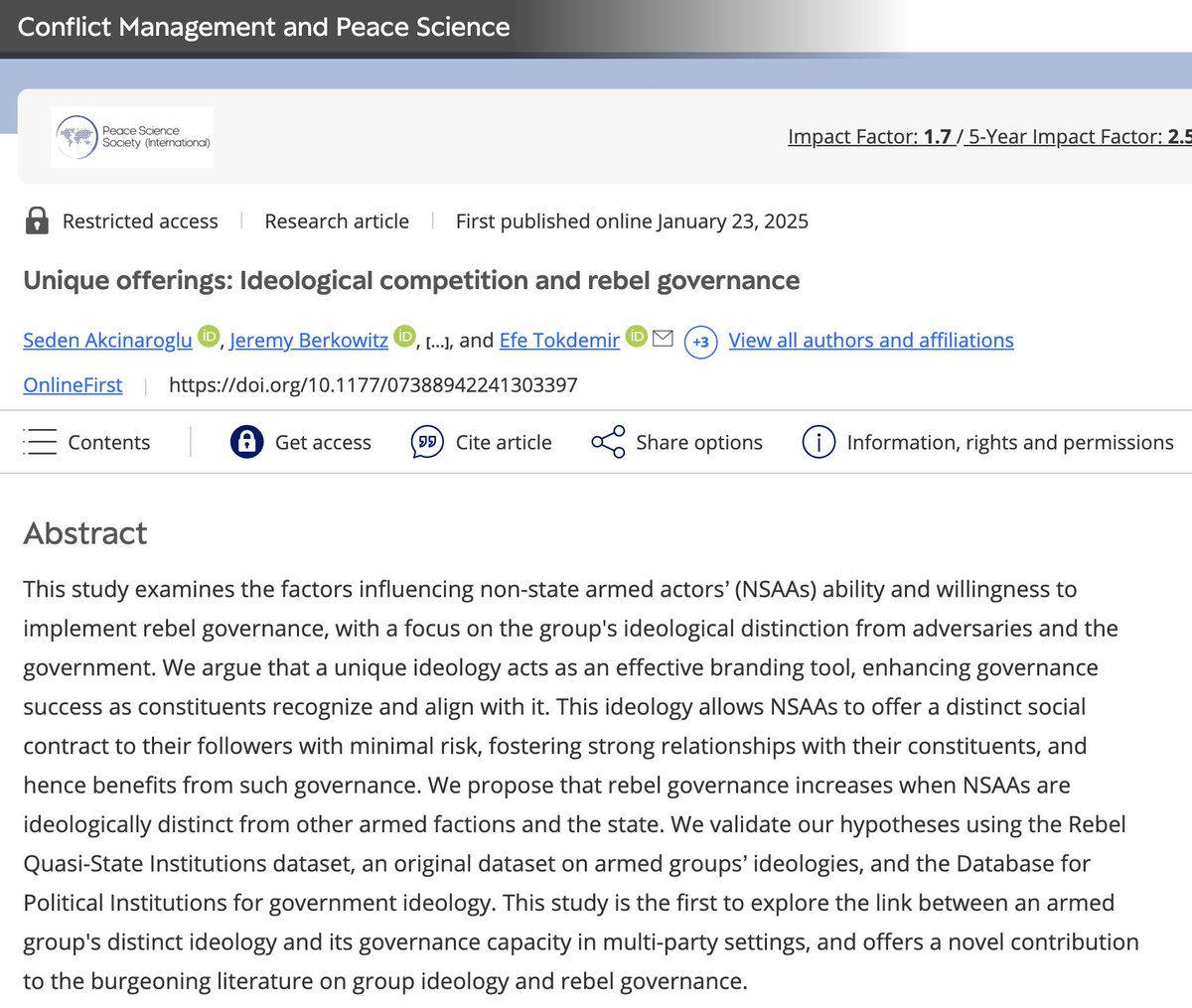 Excited to share our new article in <a href="/cmpseditors/">Conflict Management & Peace Science</a>! 'Unique Offerings'. <a href="/SAkcinaroglu/">Seden Akcinaroglu</a>,<a href="/DrBerkowitzIR/">Jeremy Berkowitz</a>, Hande Ogutcu-Fu, Evgeny Sedashov, <a href="/efetokdemir/">Efe Tokdemir</a> &amp; I analyze how ideological differentiation between #NSAA influences #rebelgovernance.

Read more: journals.sagepub.com/doi/10.1177/07…