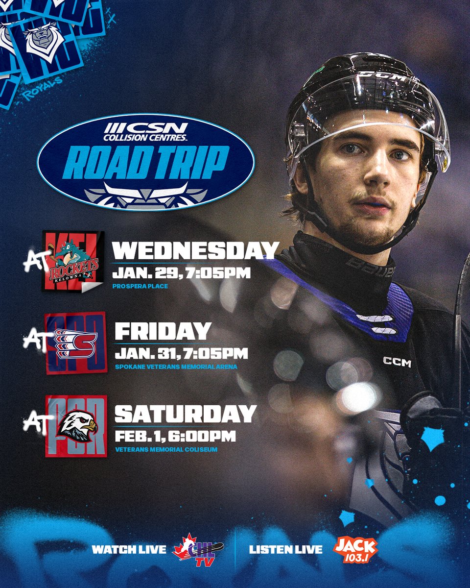 victoriaroyals's tweet photo. On the road again! We're set to kick off another CSN Collision Centres Road Trip by heading to Kelowna tomorrow!

You can catch all the action live on JACK 103.1 and CHL TV! https://t.co/4Kqu2Dr7JG
